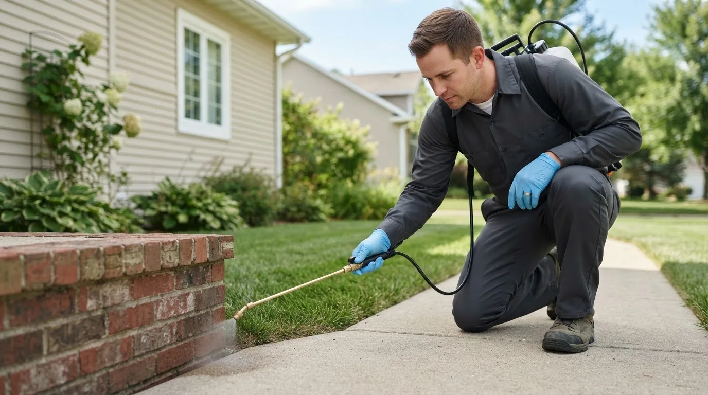Pest control technician treating a home near Litchfield, MI