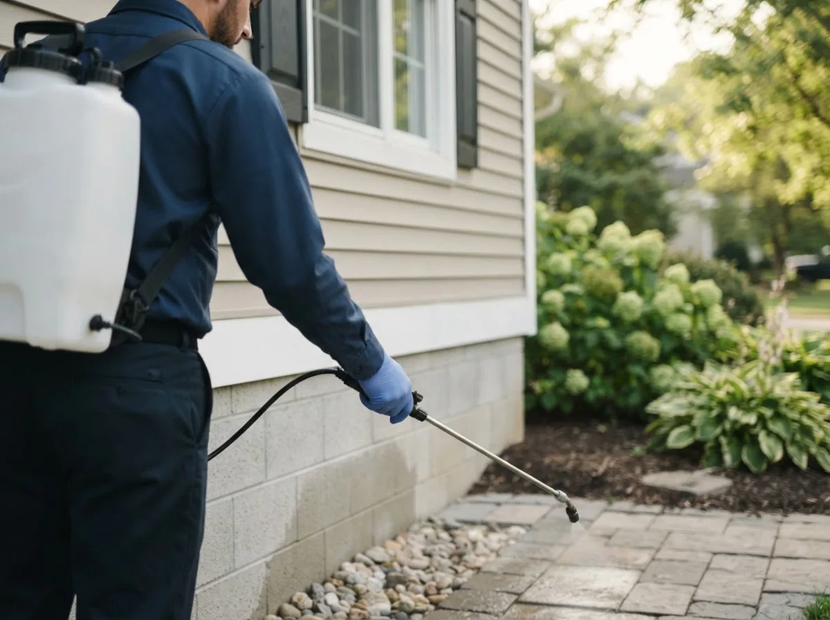Pest control technician inspecting a home in Litchfield, MI